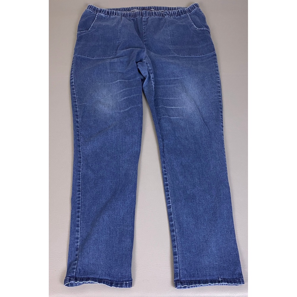 Roamans Pull On Jeans Womens Plus Size 22 Tall Blue Elastic Waist Straight Leg *